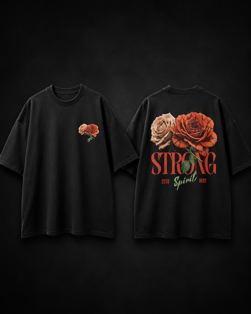 Black t-shirt with rose design on front and 'STRONG' text on back against a dark background