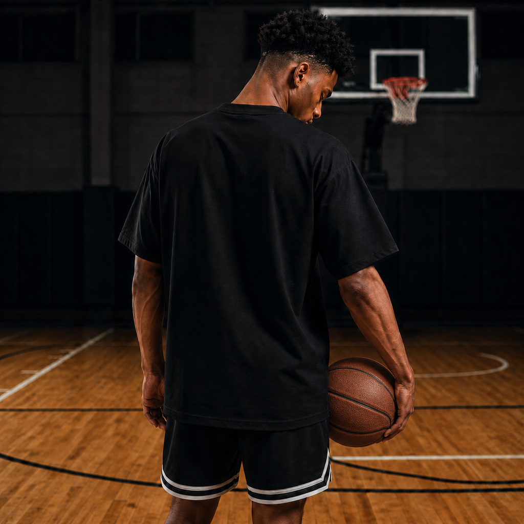 Person holding a basketball on a basketball court with a hoop in the background