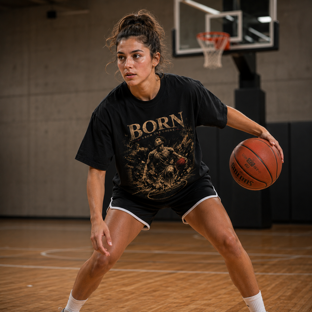 Woman holding a basketball on a court wearing a black t-shirt with 'Born' printed on it.