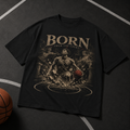 Black t-shirt with 'Born from the Court' graphic on a basketball court background