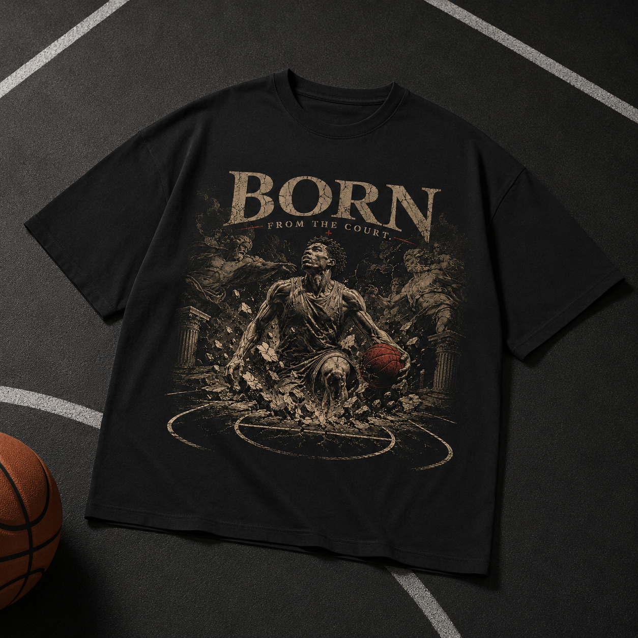 Black t-shirt with 'Born from the Court' graphic on a basketball court background