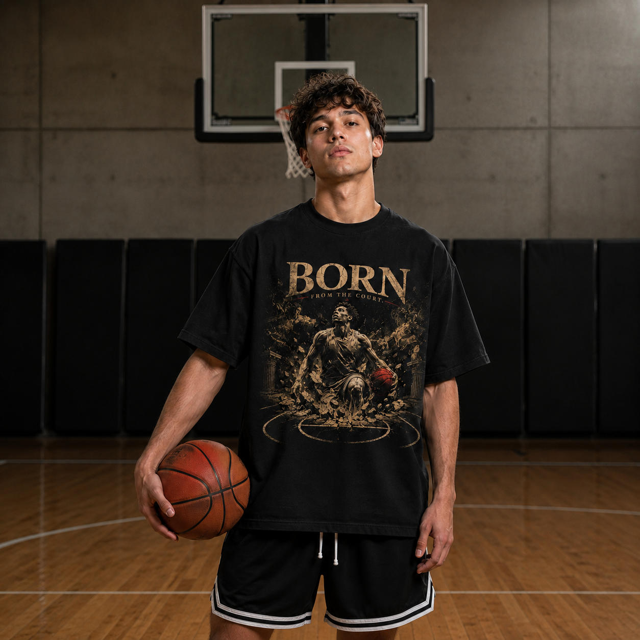 Person wearing a black t-shirt with a graphic design and text, holding a basketball on a basketball court.