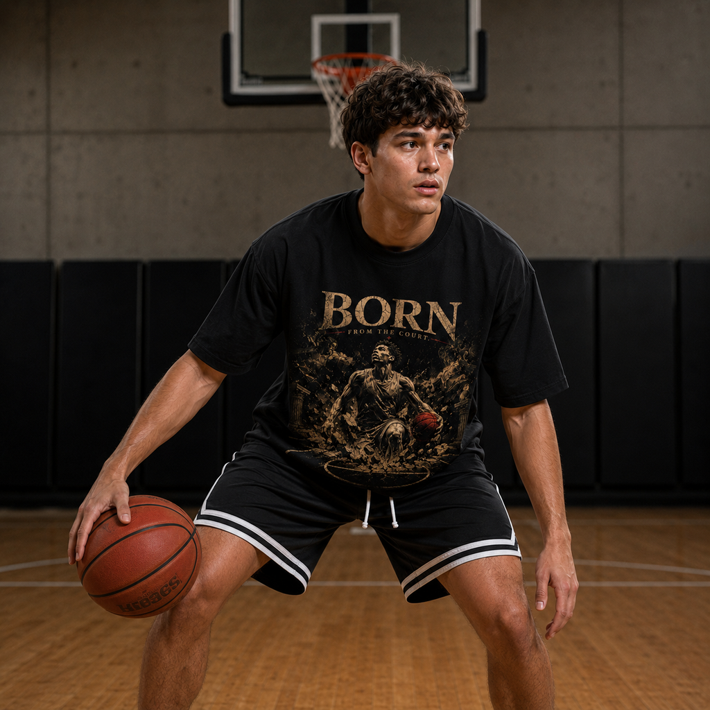 Person holding a basketball in a gym wearing a black t-shirt with 'BORN' printed on it.