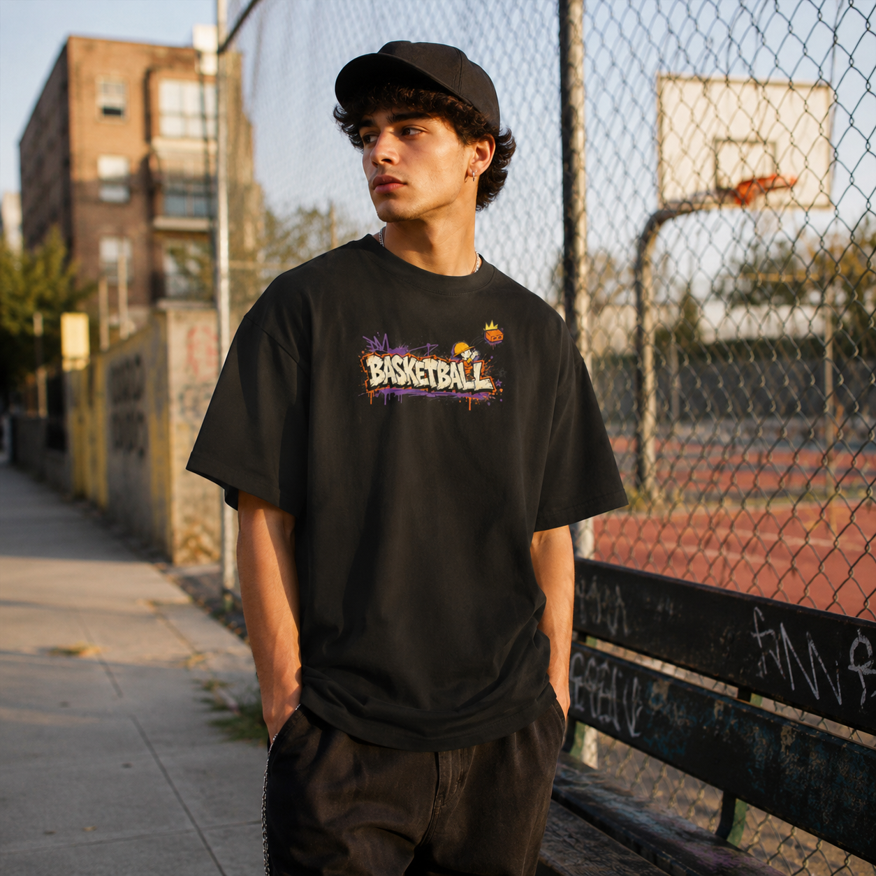 Brick Layer Tee black oversized basketball graphic t-shirt product mockup