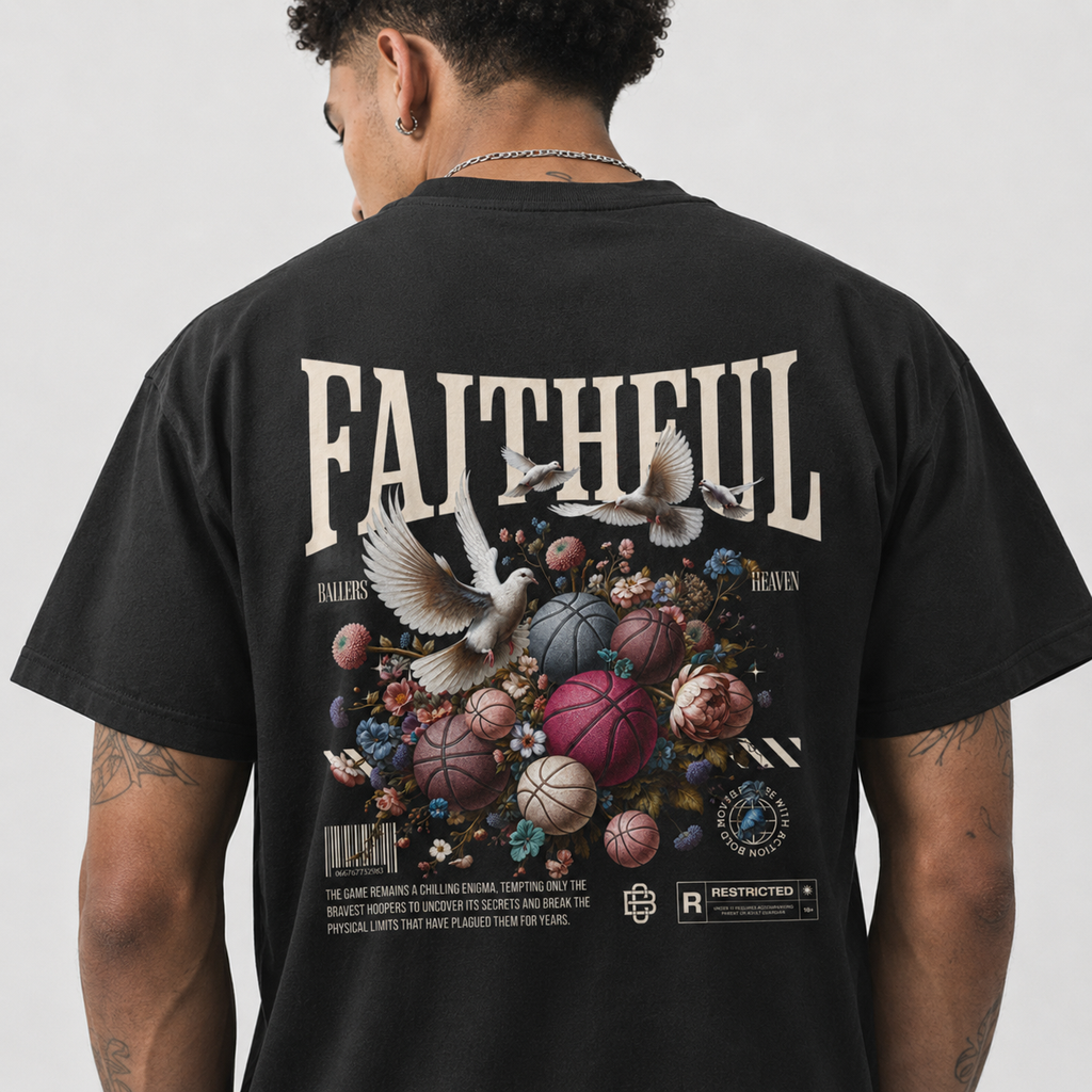 The Faithful T-Shirt on model in premium Brick City streetwear style