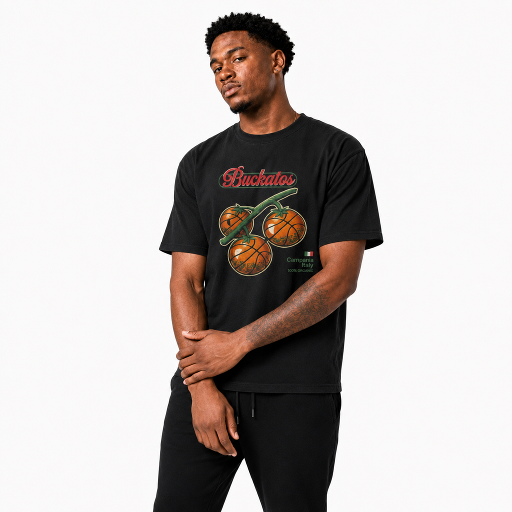 Buckatos T-Shirt lifestyle mockup with basketball streetwear styling