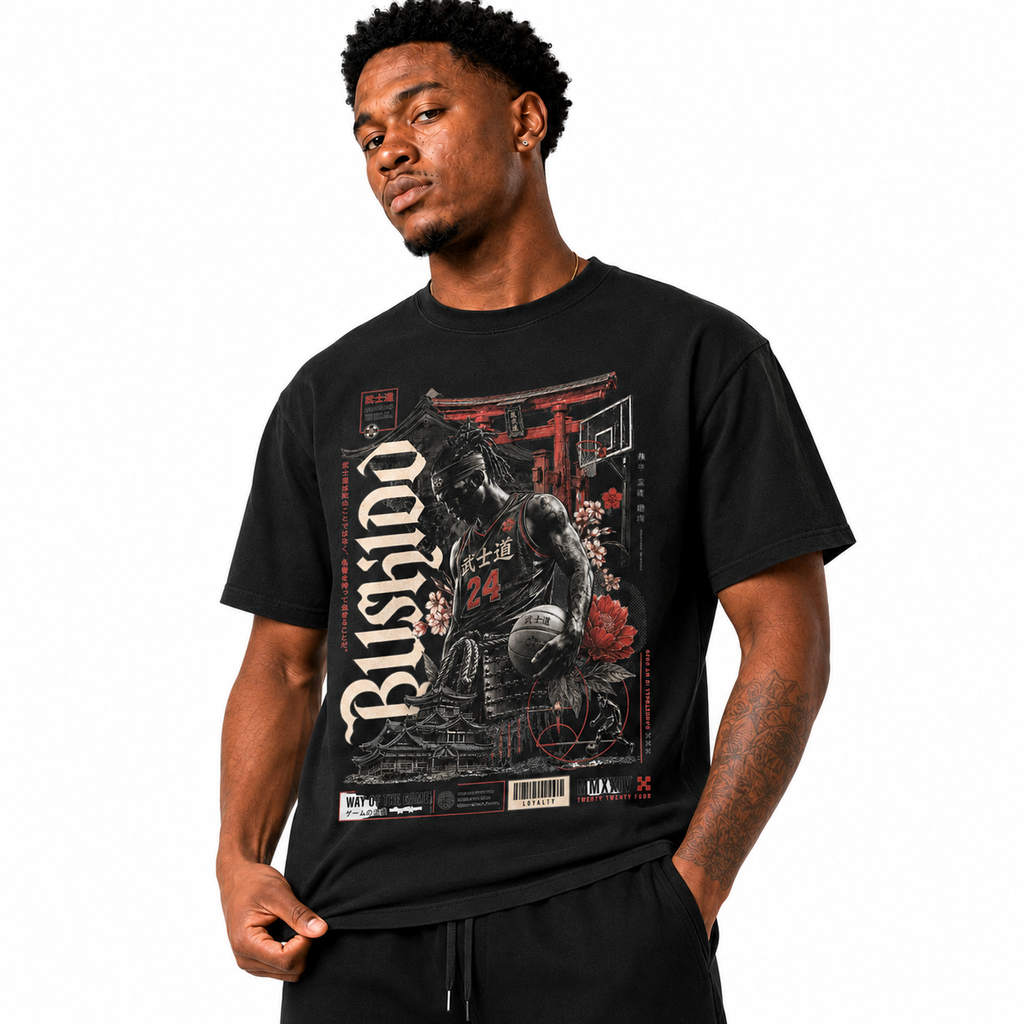 Bushido Samurai T-Shirt lifestyle mockup with basketball streetwear styling