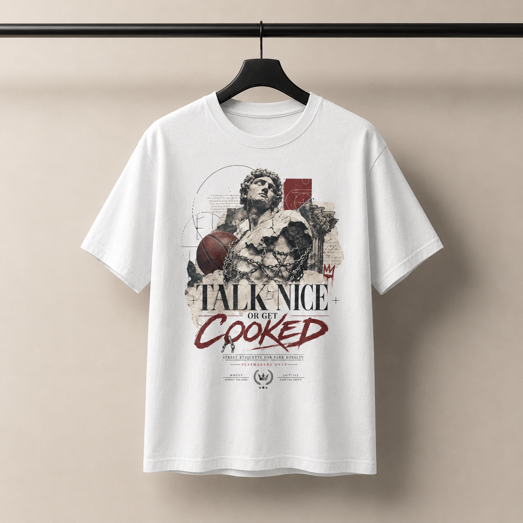 Talk Nice Or Get Cooked T-Shirt by Brick City on a studio product mockup