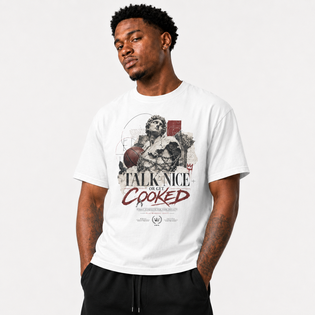Talk Nice Or Get Cooked T-Shirt on model in premium Brick City streetwear style