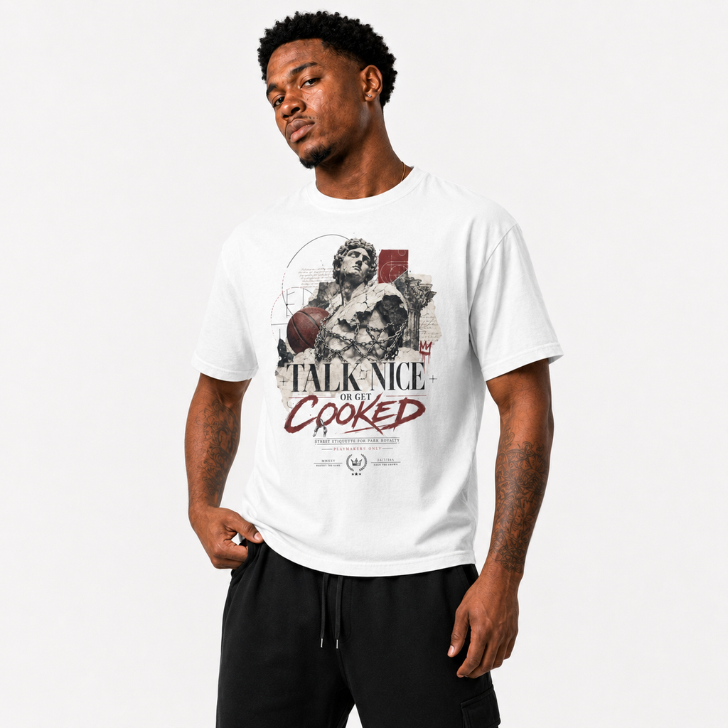 Talk Nice Or Get Cooked T-Shirt relaxed basketball streetwear lifestyle mockup