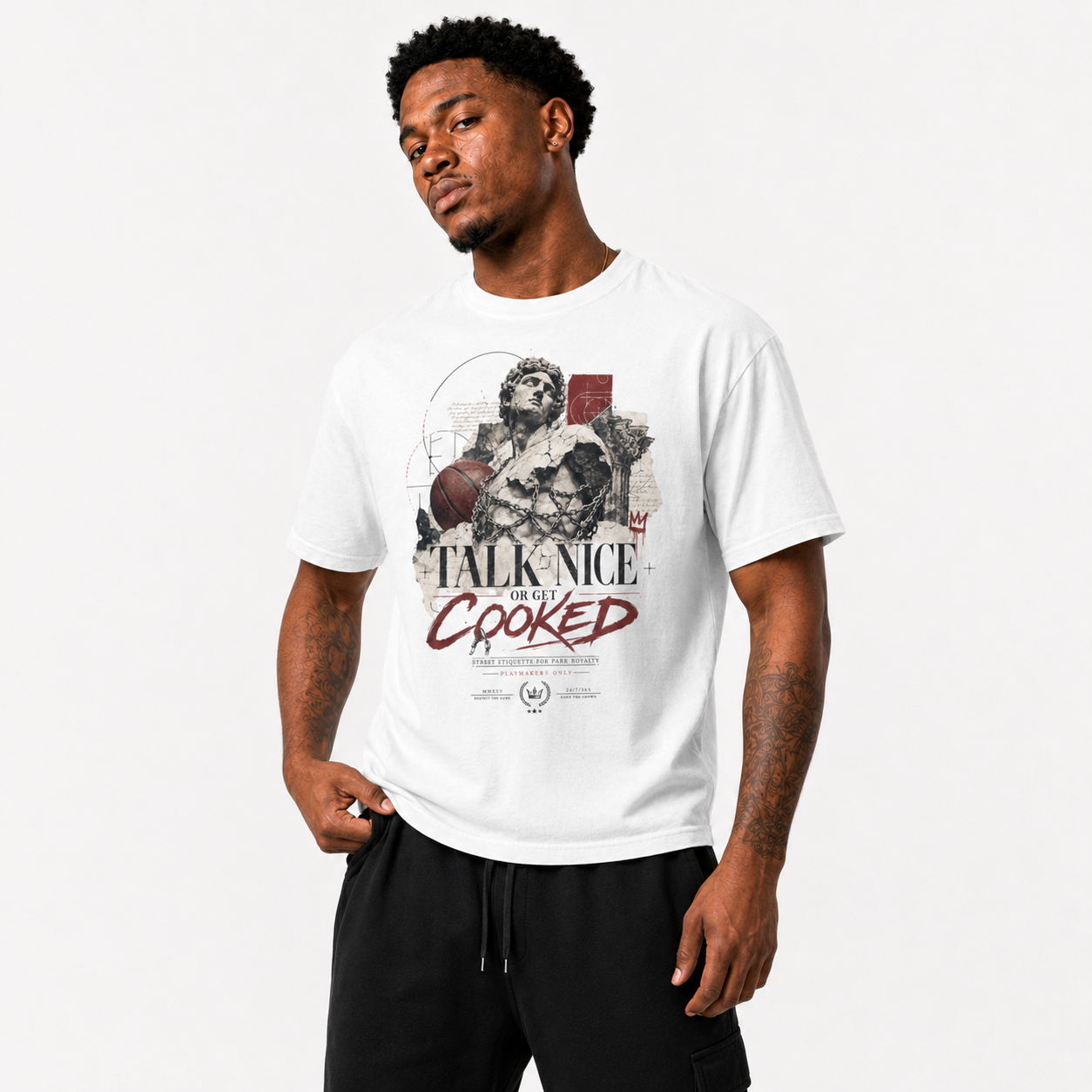 Talk Nice Or Get Cooked T-Shirt relaxed basketball streetwear lifestyle mockup