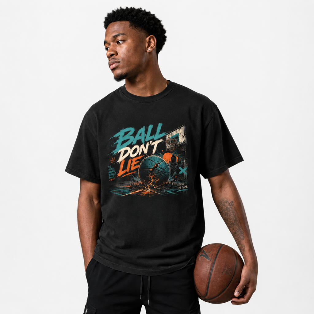 Ball Don’t Lie T-Shirt lifestyle mockup with basketball streetwear styling