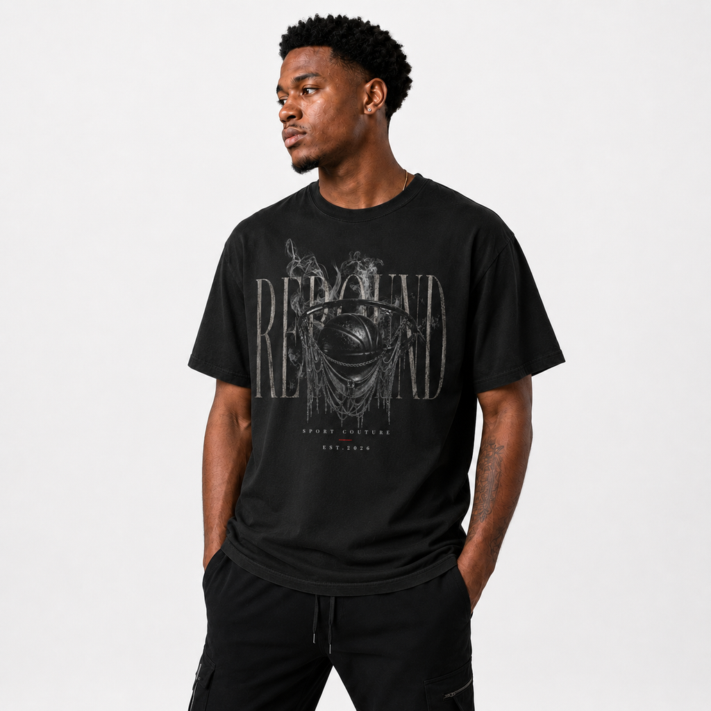 Rebound T-Shirt lifestyle mockup with basketball streetwear styling