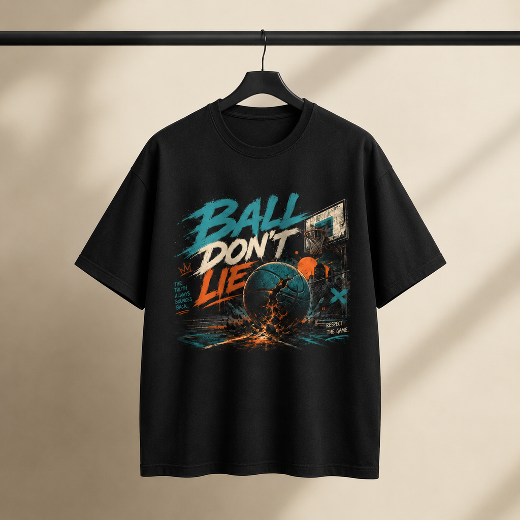 Ball Don’t Lie T-Shirt by Brick City on a studio product mockup