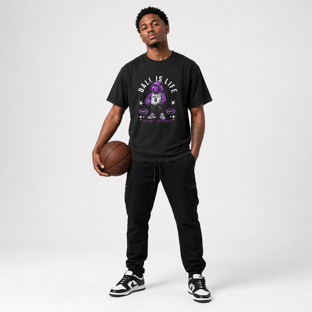 Ball Is Life T-Shirt lifestyle mockup with basketball streetwear styling