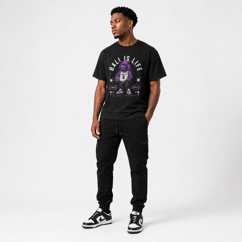 Ball Is Life T-Shirt on model in premium Brick City streetwear style