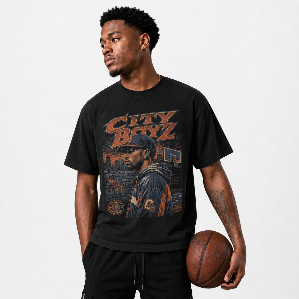 City Boys T-Shirt lifestyle mockup with basketball streetwear styling
