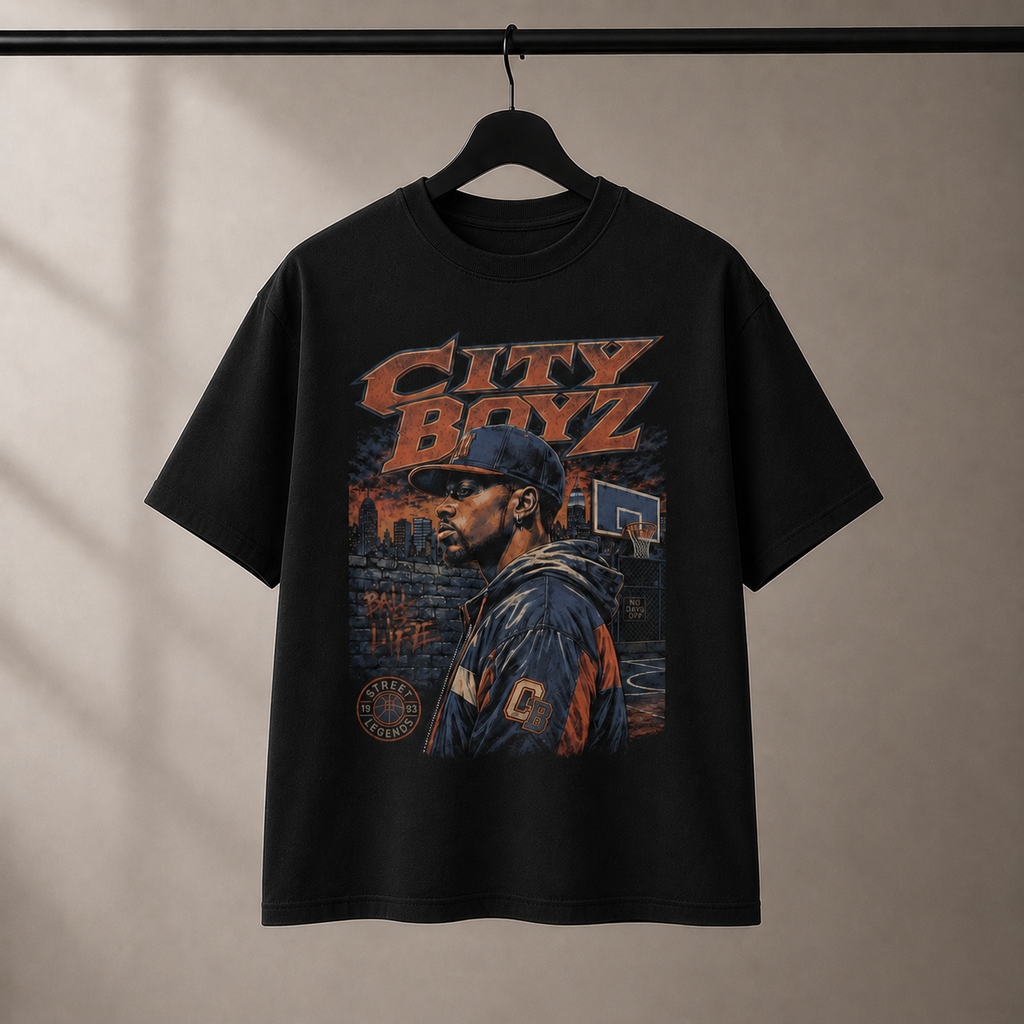 City Boys T-Shirt by Brick City on a studio product mockup