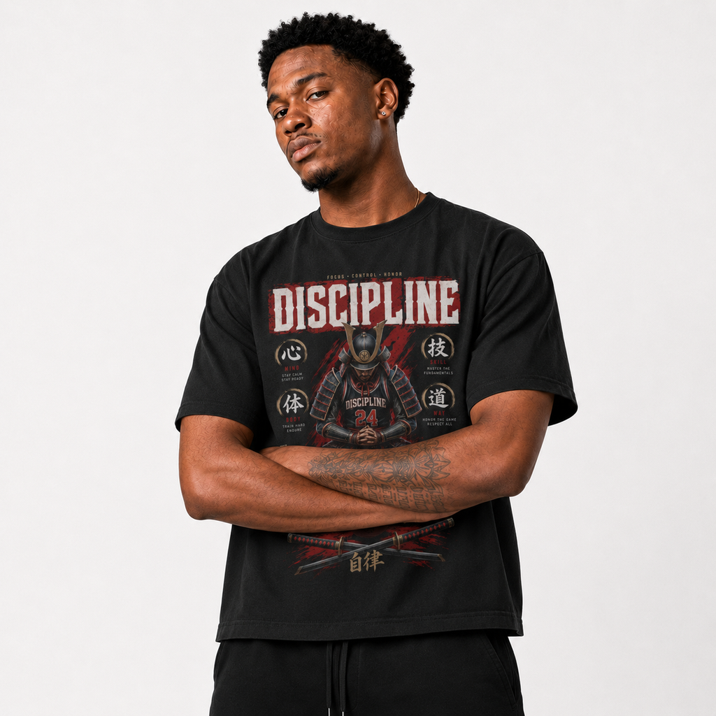 Discipline T-Shirt lifestyle mockup with basketball streetwear styling