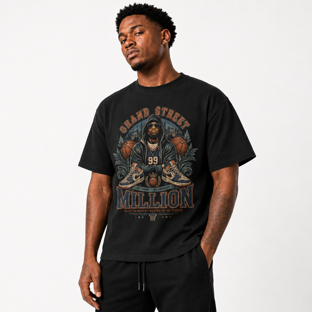 Grand Street T-Shirt lifestyle mockup with basketball streetwear styling