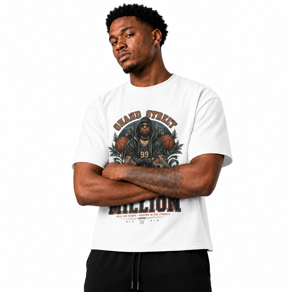Grand Street T-Shirt on model in premium Brick City streetwear style