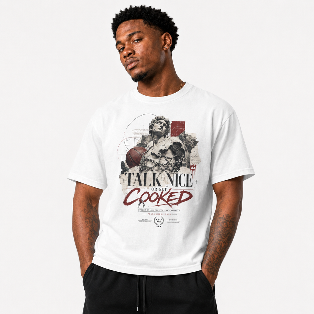 Talk Nice Or Get Cooked T-Shirt lifestyle mockup with basketball streetwear styling