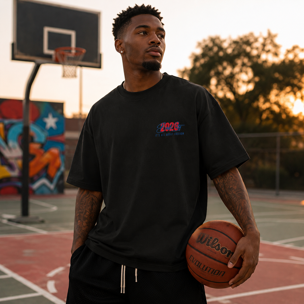 Man holding a basketball on a basketball court with graffiti in the background