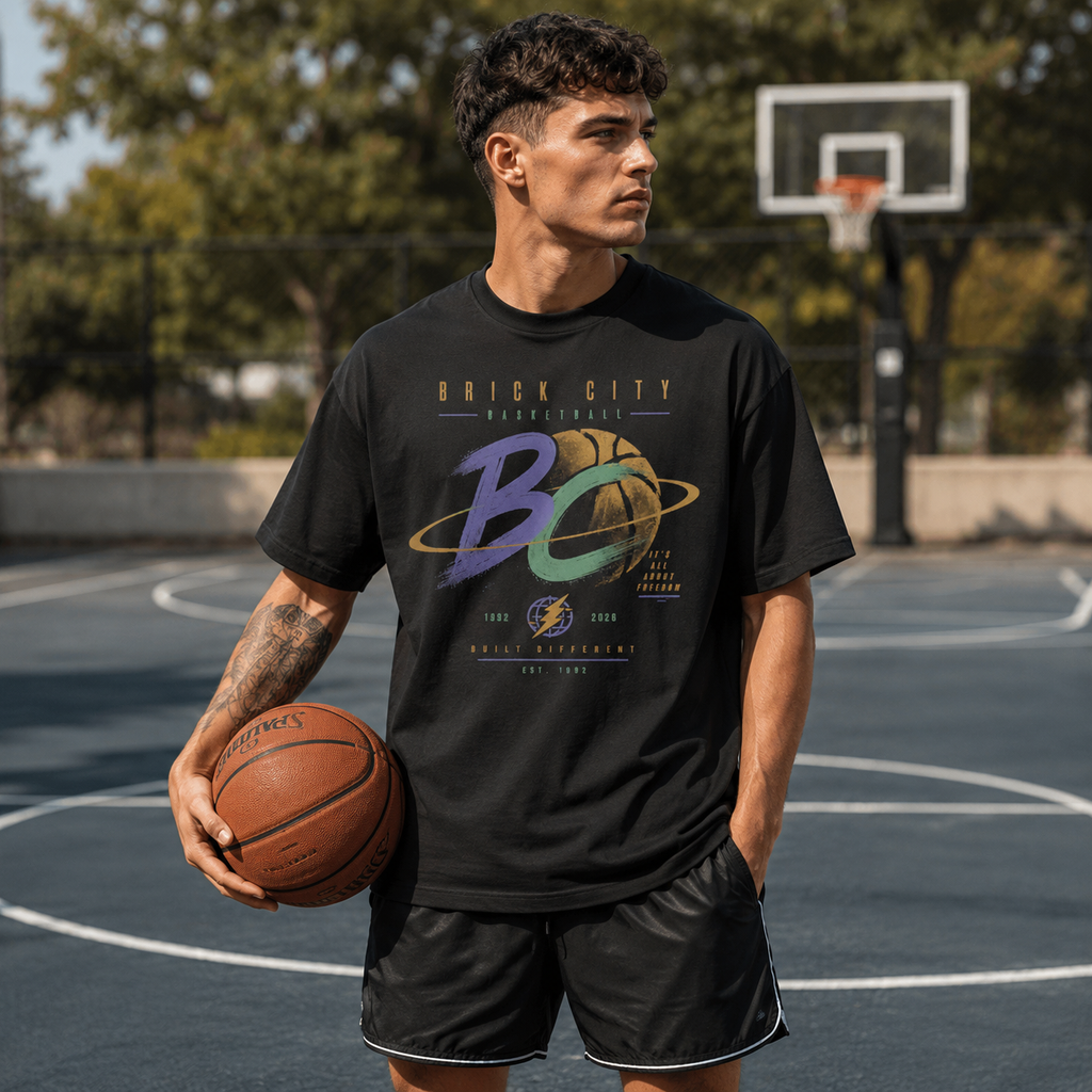 Man holding a basketball on a court wearing a black t-shirt with colorful graphics.