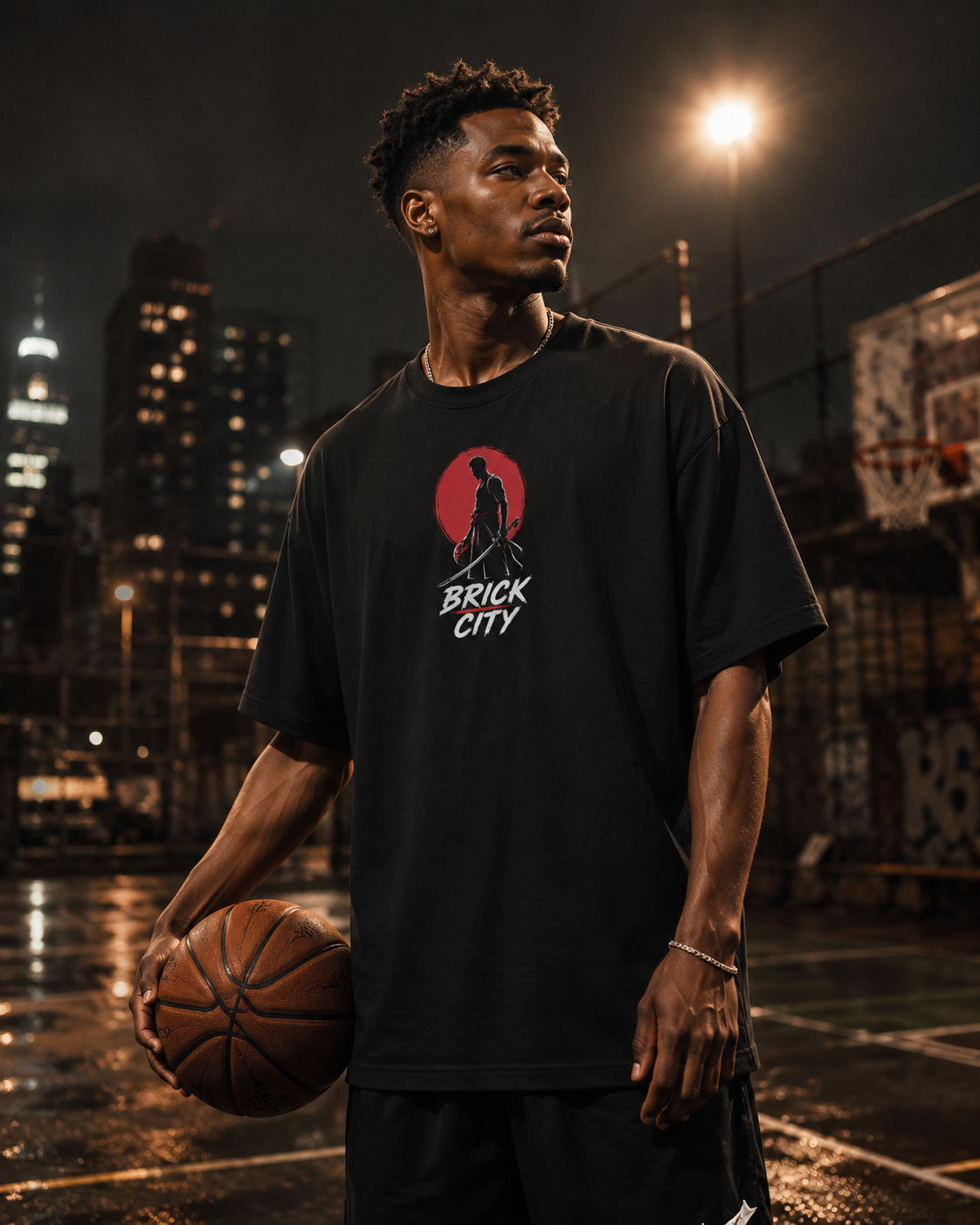 Man holding a basketball on an urban basketball court at night.