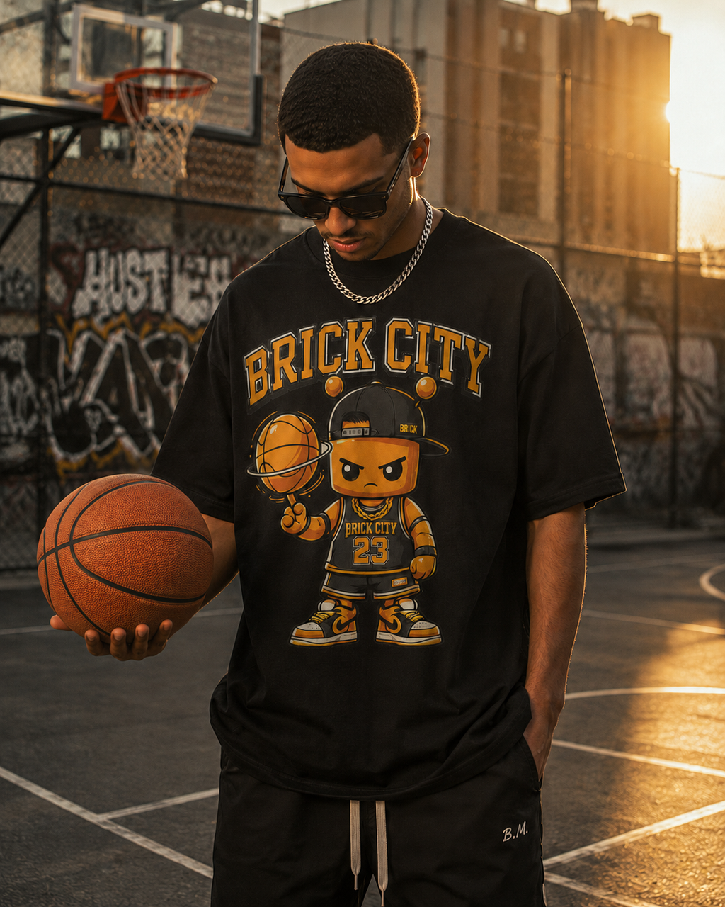 Man holding a basketball wearing a 'Brick City' t-shirt with a graphic design on an outdoor basketball court.