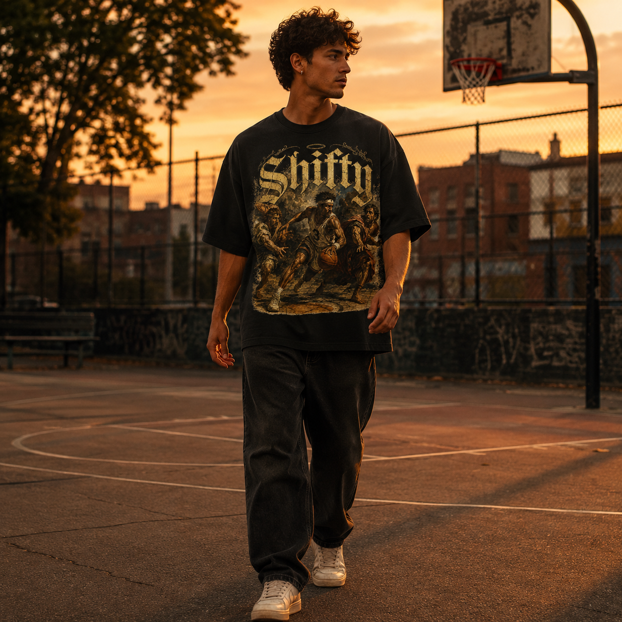 Man walking on a basketball court at sunset wearing a 'Shifty' t-shirt.