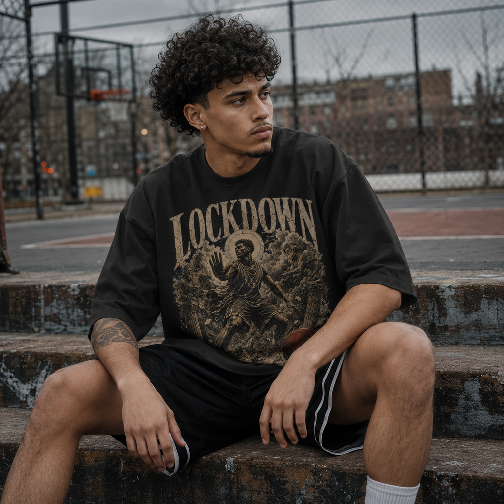 Man wearing a black 'Lockdown' t-shirt sitting on a concrete ledge.