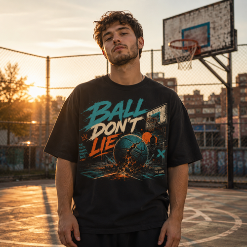 Man wearing a black t-shirt with 'Ball Don't Lie' graphic on a basketball court at sunset.