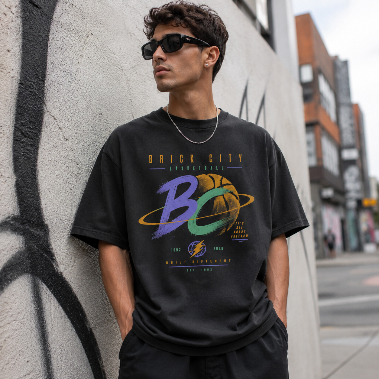 Man wearing a black t-shirt with 'Brick City Basketball' design, standing against a graffiti-covered wall.
