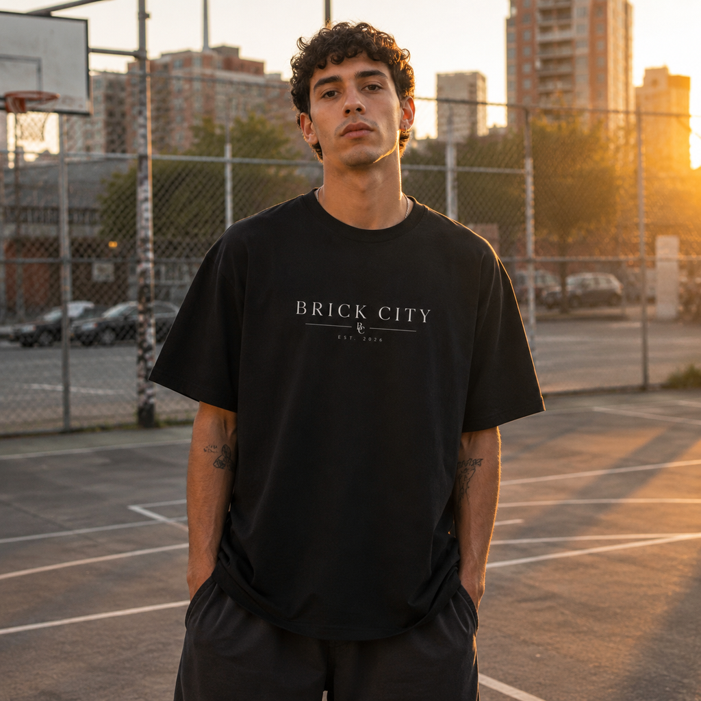 Man wearing a black t-shirt with 'Brick City' text on a basketball court.