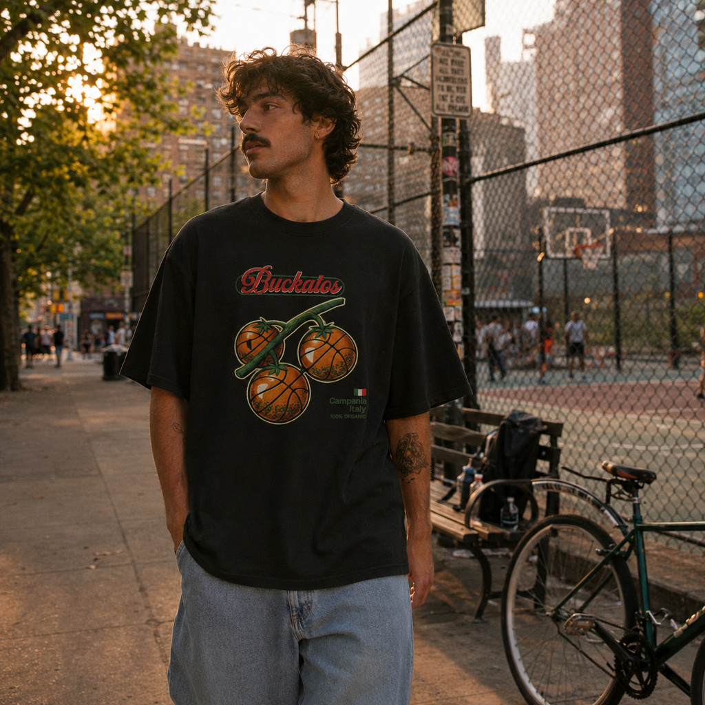 Man wearing a black t-shirt with a graphic design, standing on a sidewalk with a cityscape background.