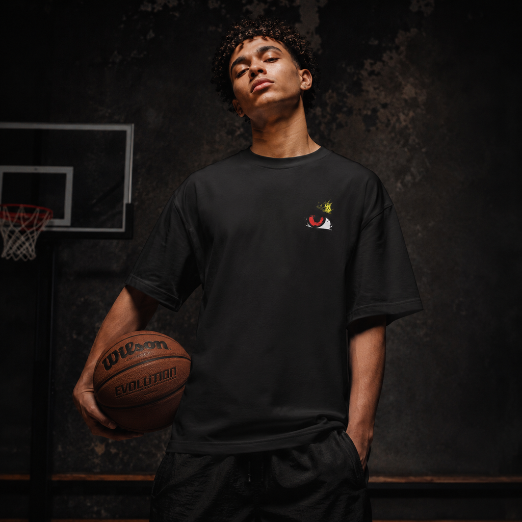 Person holding a basketball in a dark setting with a basketball hoop in the background