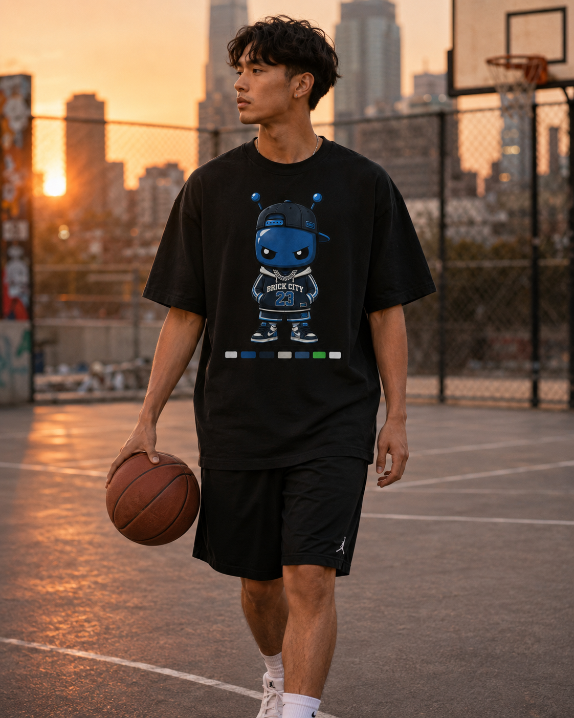 Person holding a basketball on a basketball court with a city skyline in the background