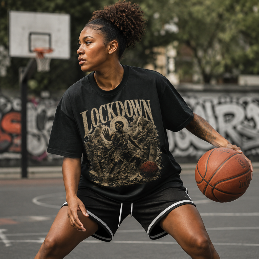 Person holding a basketball on a court wearing a 'Lockdown' t-shirt.