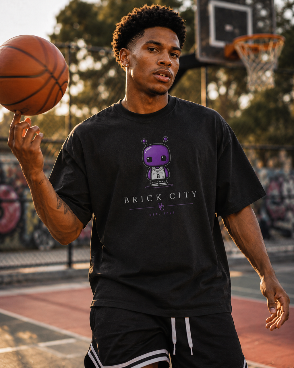 Person holding a basketball on a court wearing a black 'Brick City' t-shirt.