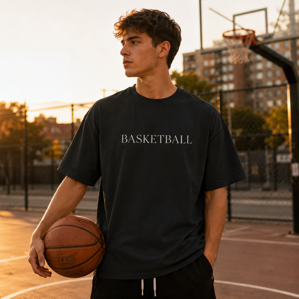 Person holding a basketball on a court wearing a black t-shirt with 'BASKETBALL' printed on it.