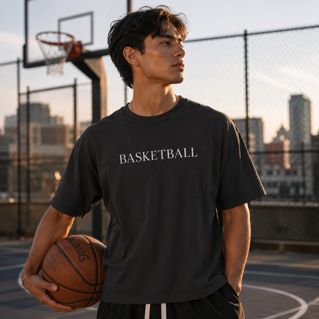 Person holding a basketball on an outdoor court with 'Basketball' t-shirt