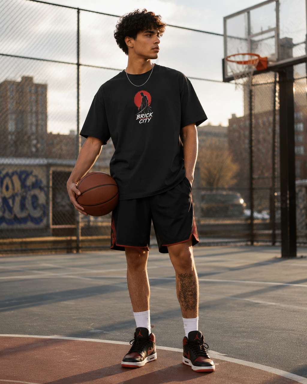 Person holding a basketball on an outdoor court with a cityscape background