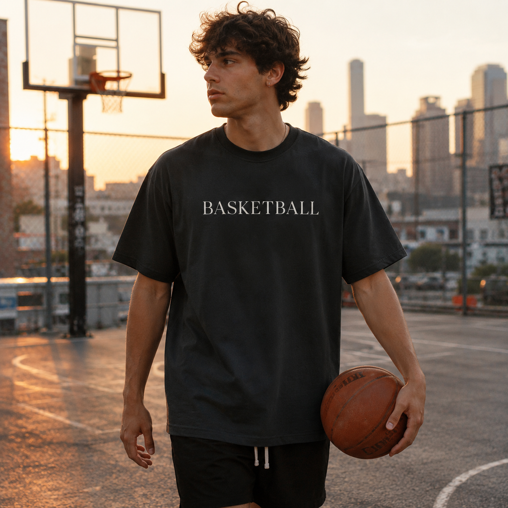 Person holding a basketball on an outdoor court with city skyline in the background