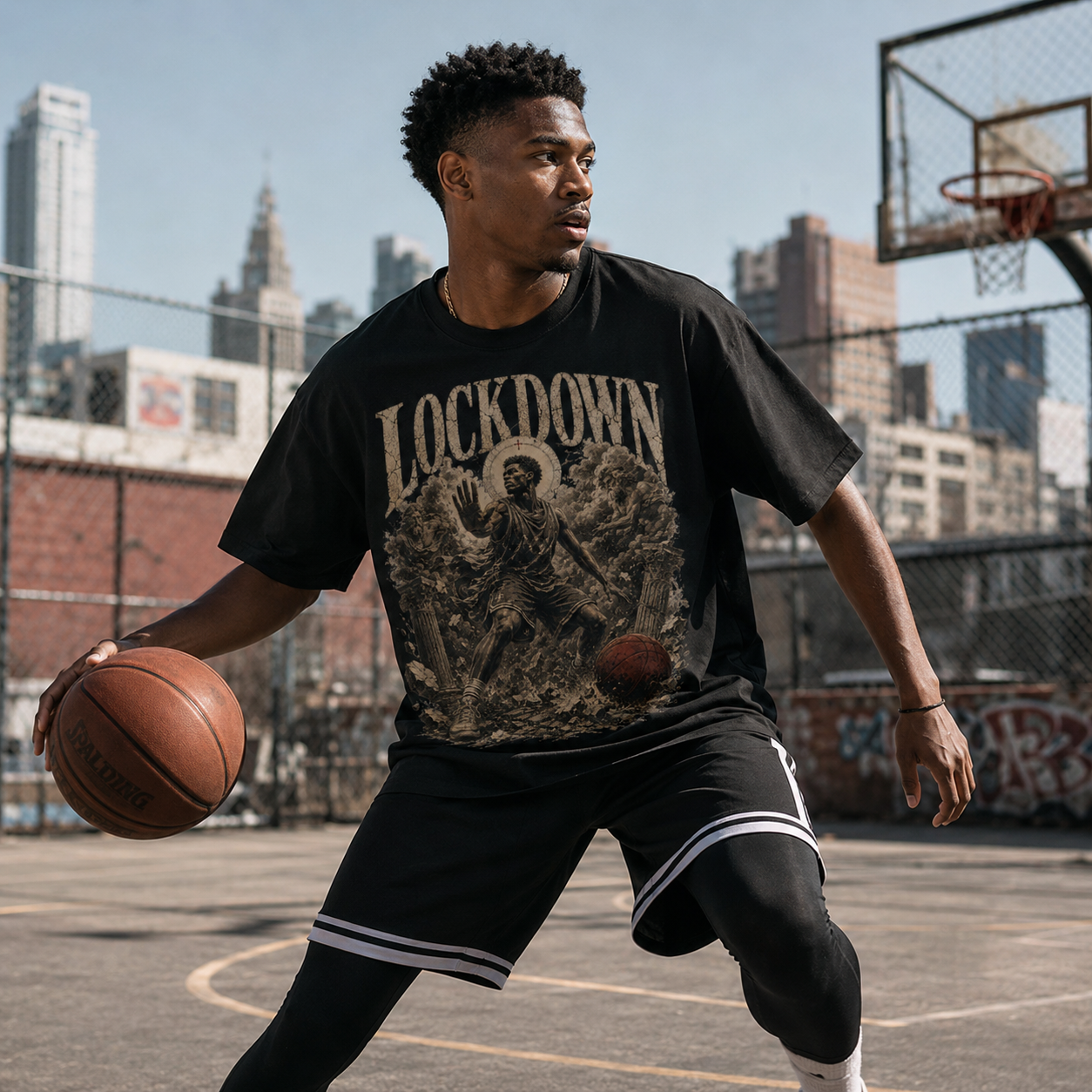 Person holding a basketball on an outdoor court with cityscape in the background