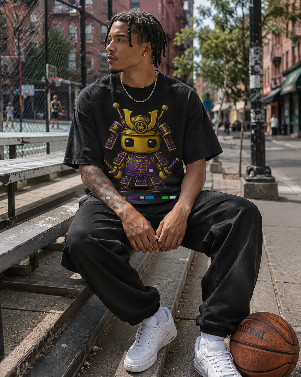 Person sitting on a bench wearing a black t-shirt with a graphic design, holding a basketball in an urban setting.