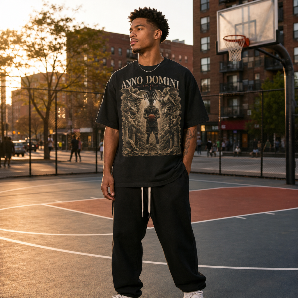 Person wearing a black Bucket Getter t-shirt holding a basketball on a court with buildings in the background