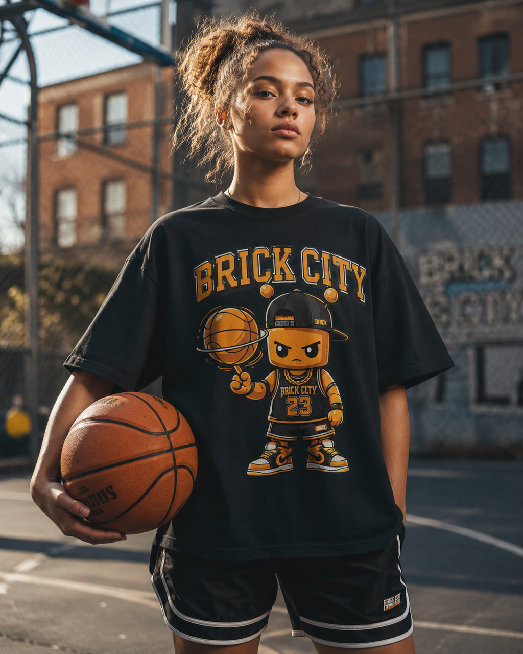 Person wearing a 'Brick City' t-shirt holding a basketball on a court.