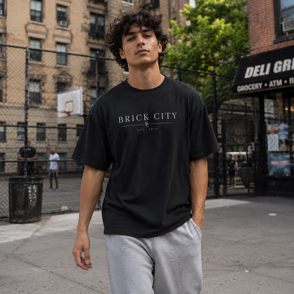 Person wearing a 'Brick City' t-shirt on an outdoor basketball court with sunset in the background