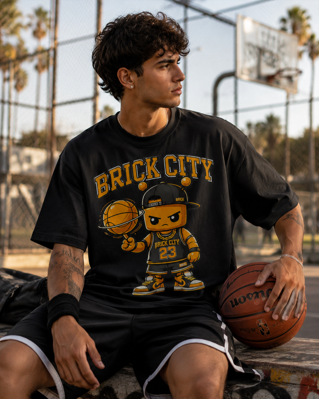Person wearing a 'Brick City' t-shirt with a graphic design, sitting on a bench with a basketball.